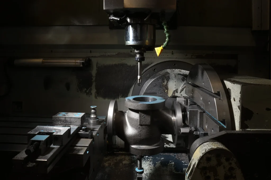 Valve body being machined on a CNC milling machine